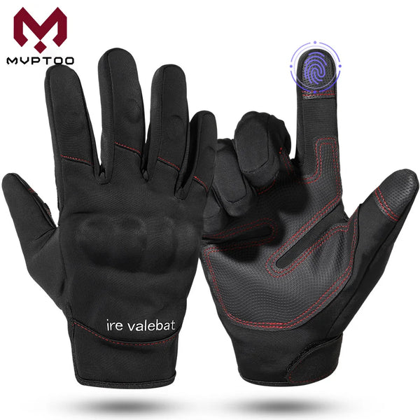 A pair of black touch screen thermal windproof outdoor gloves shown against a white background.
