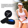A woman wearing a pink athletic top is shown next to an elbow brace and a tennis racket, illustrating pain relief support.