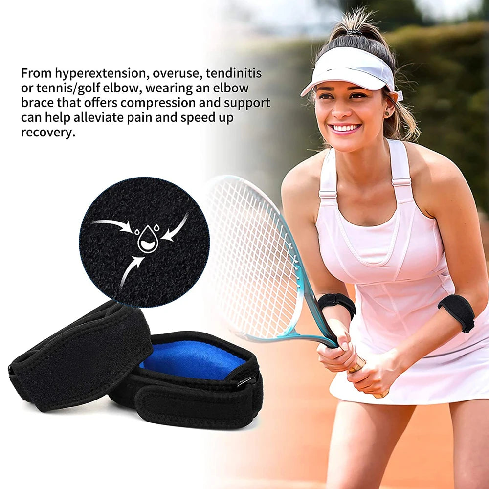 A woman wearing a pink athletic top is shown next to an elbow brace and a tennis racket, illustrating pain relief support.