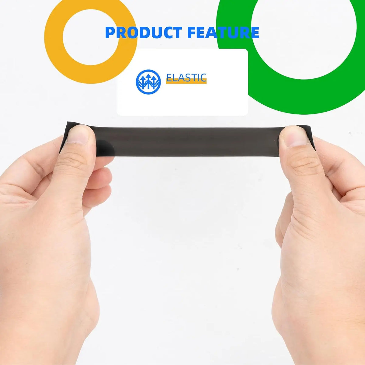 Hands hold a black self-fusing silicone repair tape, demonstrating its product feature.