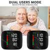 Two elderly people smiling while using a dual users mode digital wrist blood pressure monitor
