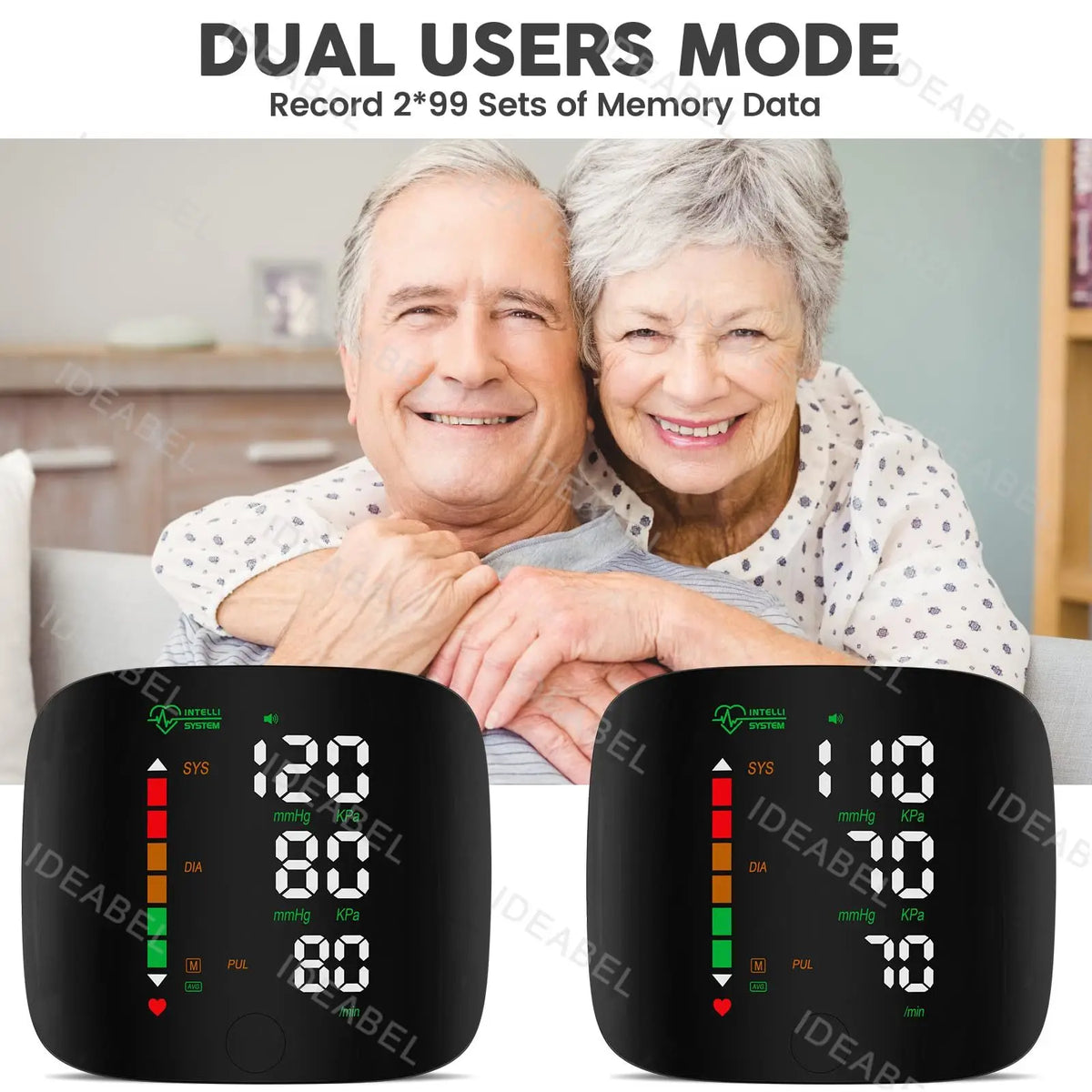 Two elderly people smiling while using a dual users mode digital wrist blood pressure monitor