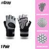 A pair of gray heavy duty weightlifting gloves with mesh palms and wrist support shown against a pink background.