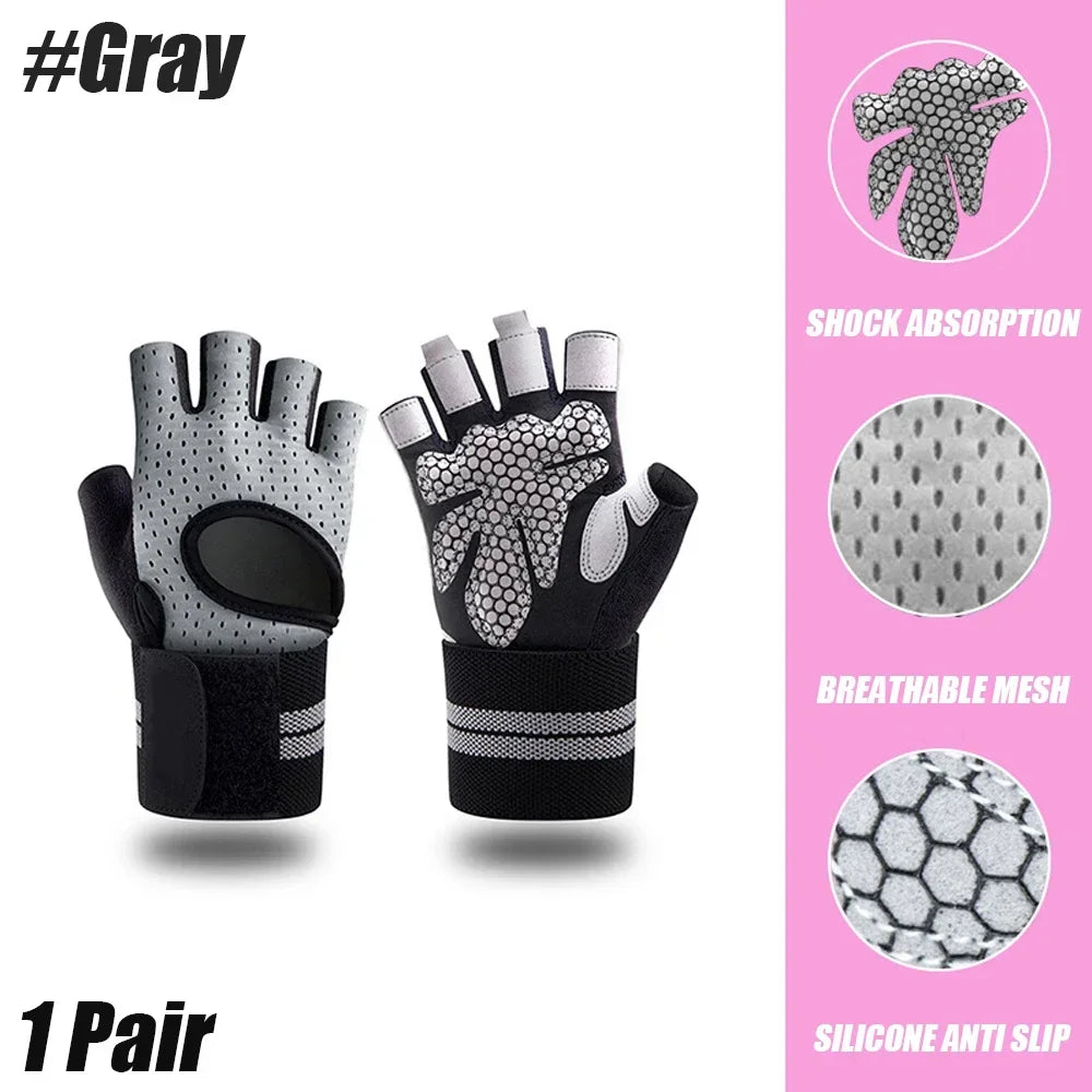 A pair of gray heavy duty weightlifting gloves with mesh palms and wrist support shown against a pink background.