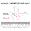 Diagram showing the measurements and fit of Bassdash 3/4 finger fishing gloves.