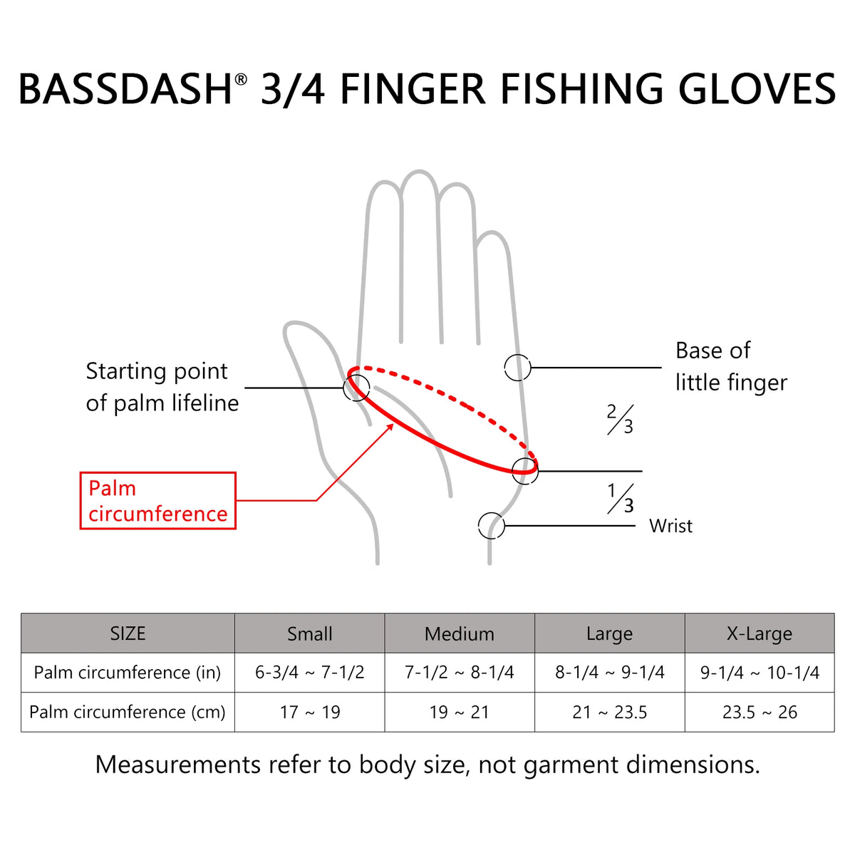Diagram showing the measurements and fit of Bassdash 3/4 finger fishing gloves.