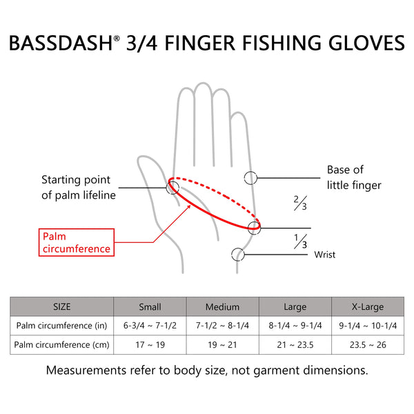 Diagram showing the measurements and fit of Bassdash 3/4 finger fishing gloves.