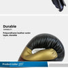 A set of black and gold professional PU leather boxing gloves shown in various angles.