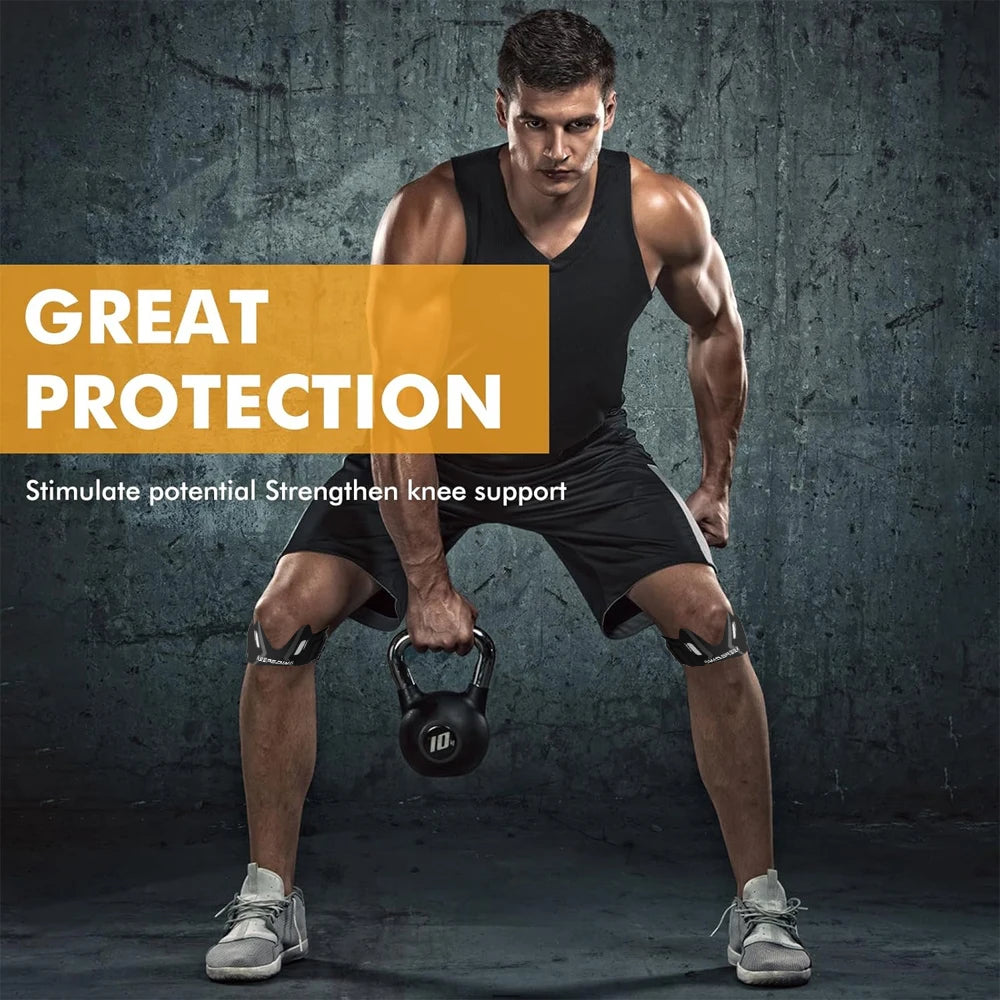 A muscular man demonstrates a knee brace while text highlights great protection and knee support.