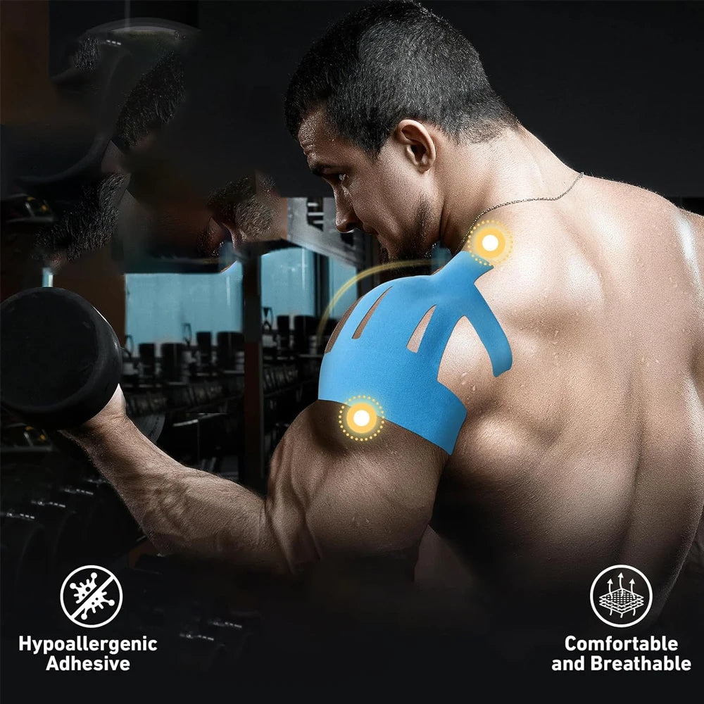 A muscular man applying blue kinesiology therapy tape to his shoulder during a physical therapy session.