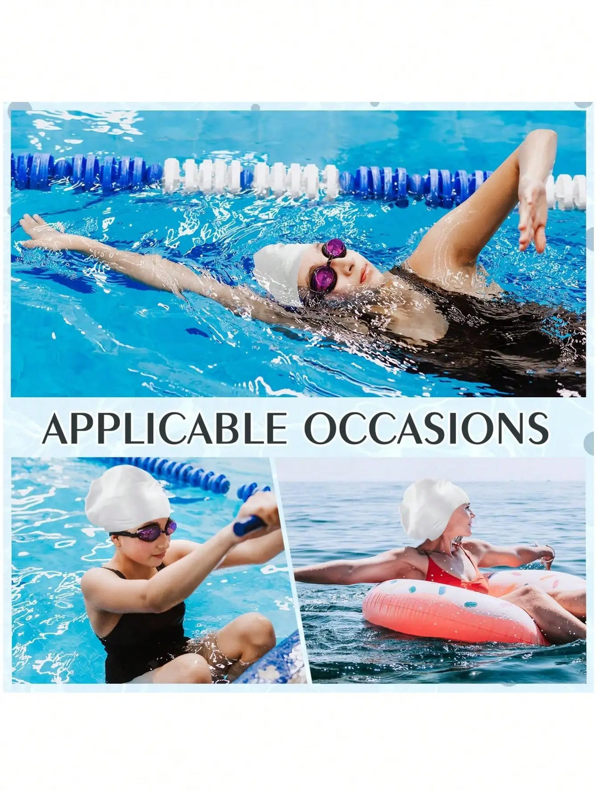 A woman swimming in blue water wearing a white silicone swim cap and dark hair.