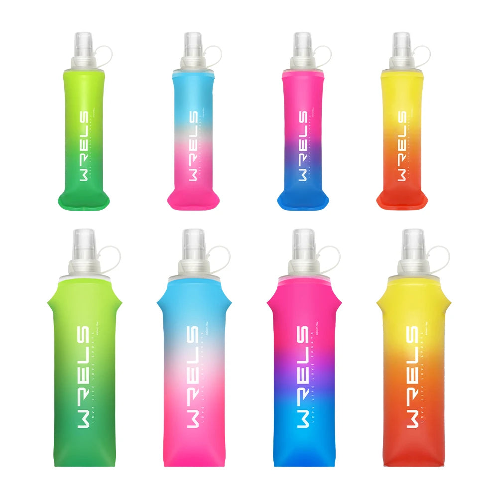 A set of seven colorful foldable sport water bottles in various shades of green, pink, and yellow.