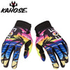 A pair of black and pink motocross gloves with palm grips and colorful accents.