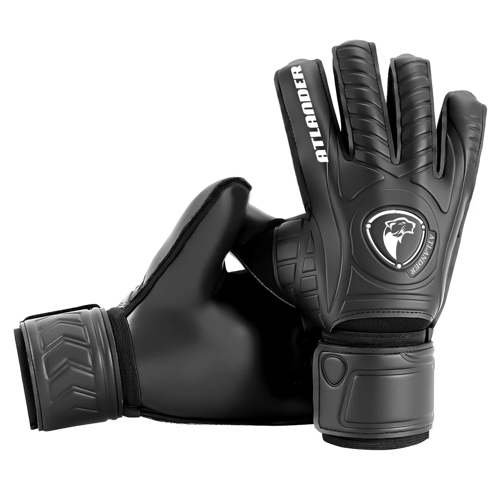 A pair of black leather goalkeeper gloves shown in a close-up view.