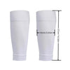 A pair of white durable soccer socks and knee guards shown side by side with dimension markings.