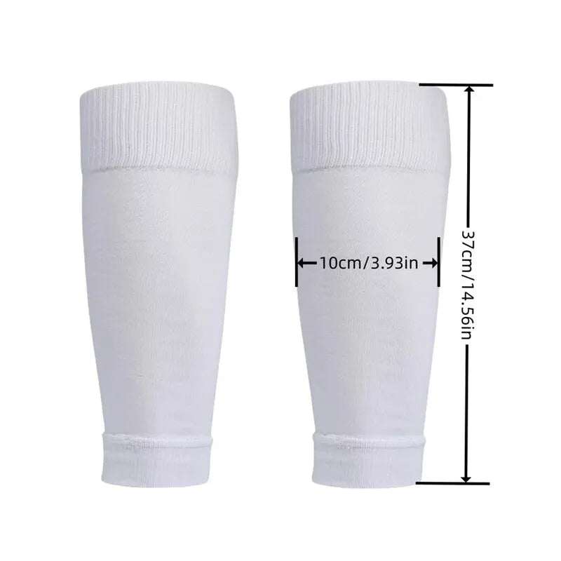 A pair of white durable soccer socks and knee guards shown side by side with dimension markings.