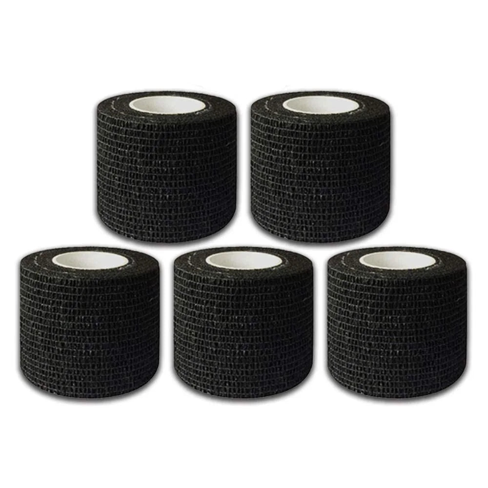 Four rolls of black self-adhesive tattoo grip tape stacked horizontally.