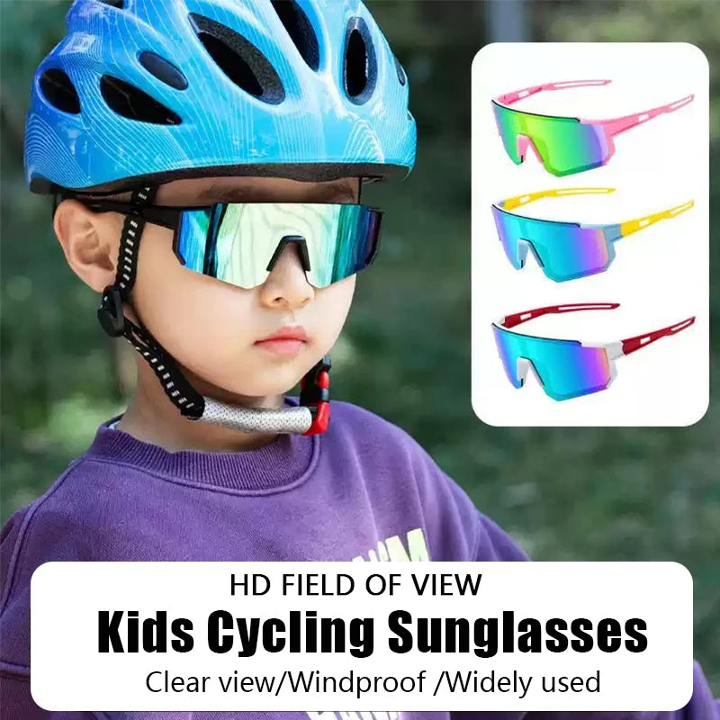 A child wearing a blue helmet holds a pair of colorful cycling sunglasses and various colored sports sunglasses.