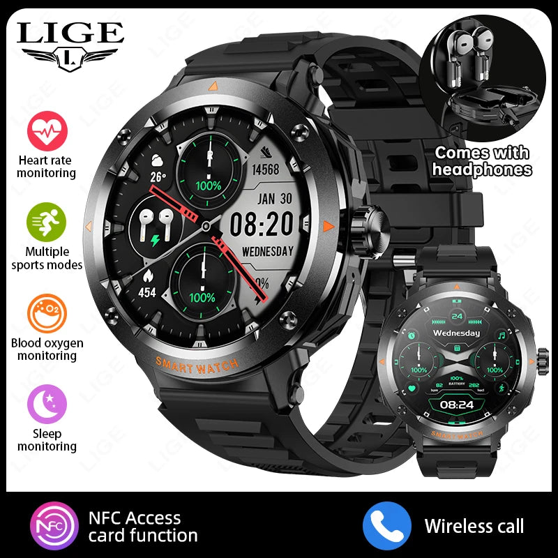 Schwarze digitale Smartwatch mit Band und Kopfhörern, zeigt Herzfrequenzmessung und Schlaf-Tracking