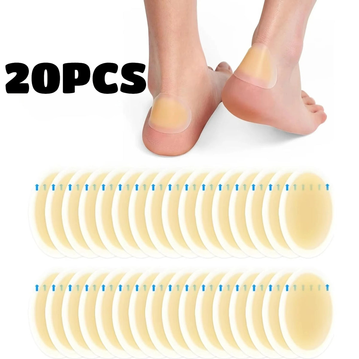A set of 20 clear silicone blister patches for foot protection shown next to a bare foot.