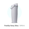 A light gray insulated stainless steel travel mug with a silver lid, shown vertically.