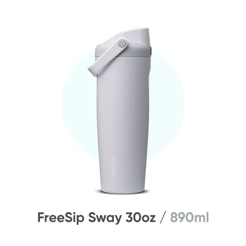 A light gray insulated stainless steel travel mug with a silver lid, shown vertically.