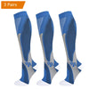 Three pairs of blue and gray compression socks for men in various athletic and daily wear styles