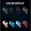 A display of various colors of 3-finger snooker pool gloves shown in different shades.