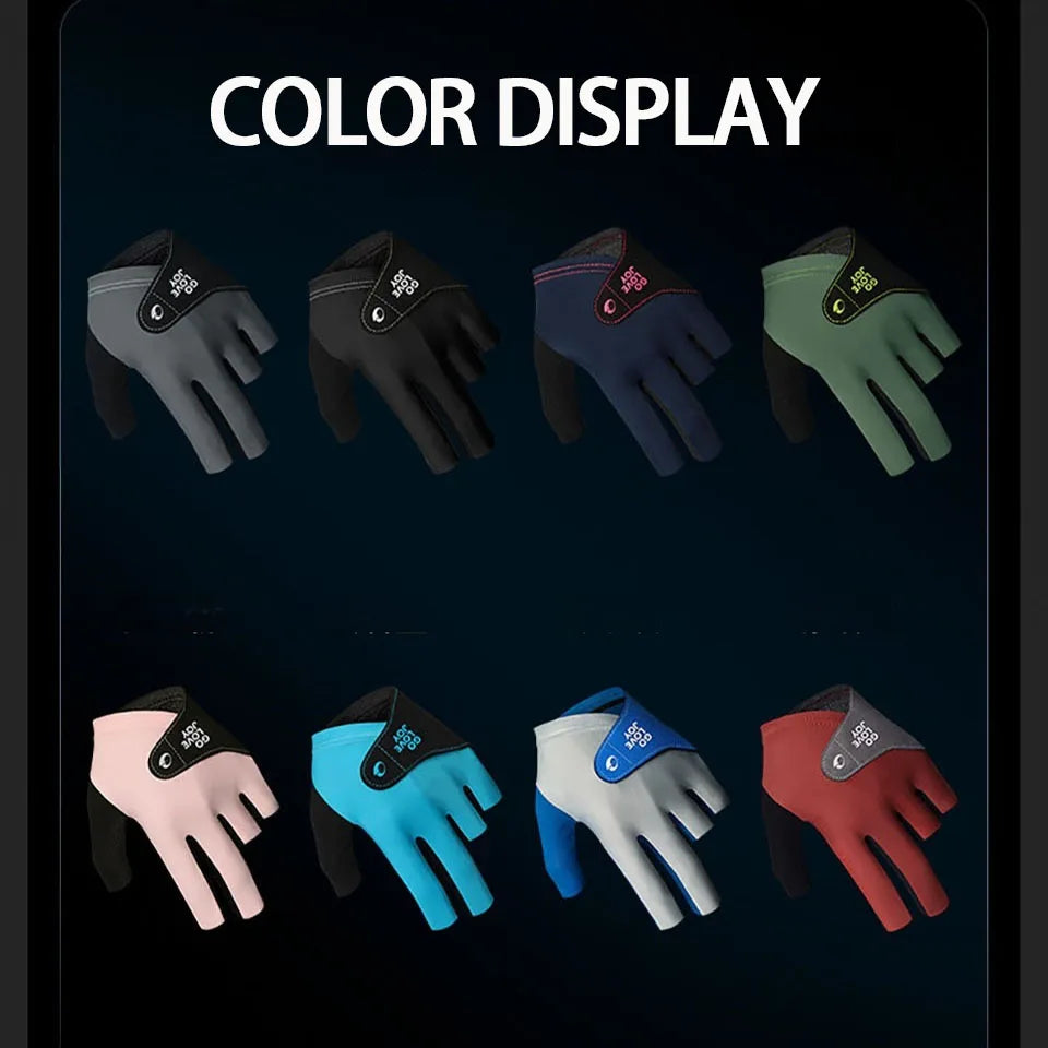 A display of various colors of 3-finger snooker pool gloves shown in different shades.