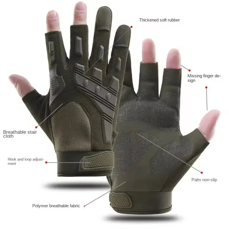 A pair of tactical anti-slip outdoor gloves shown with various features like thickened soft rubber and breathable fabric.