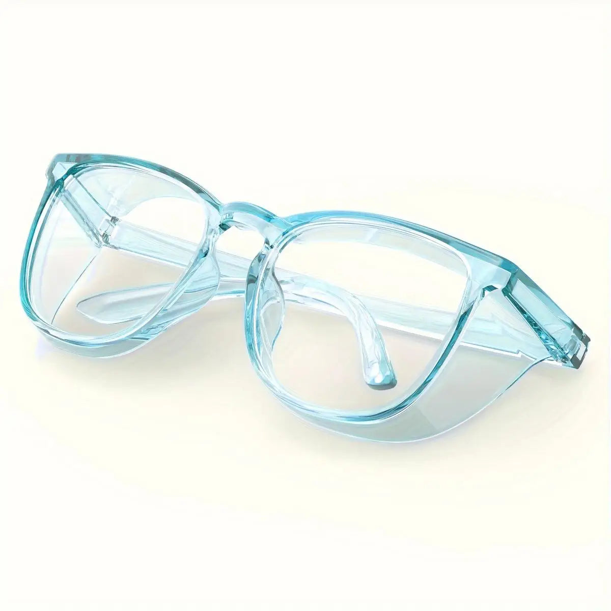 Klares anti-nebelndes Schutzbrille mit hellblauen Rahmen, von oben sichtbar.
