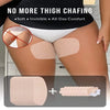 Invisible thigh friction protection pads shown on skin with a stack of pads and a single pad.