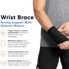 A person wearing a black wrist brace on their forearm, demonstrating its support and design.