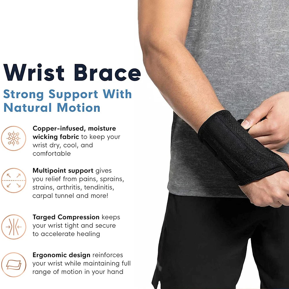 A person wearing a black wrist brace on their forearm, demonstrating its support and design.