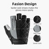 Black sports gloves with spider web stripes and a gray accent, designed for grip and sportiness.