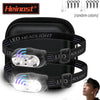 A black LED headlight is shown on a strap, with a person wearing an intelligent LED headlamp.