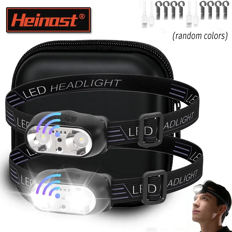A black LED headlight is shown on a strap, with a person wearing an intelligent LED headlamp.