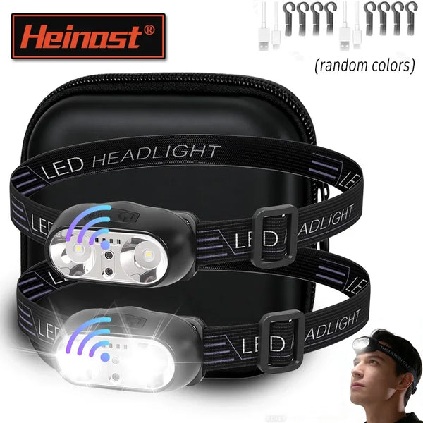 A black LED headlight is shown on a strap, with a person wearing an intelligent LED headlamp.