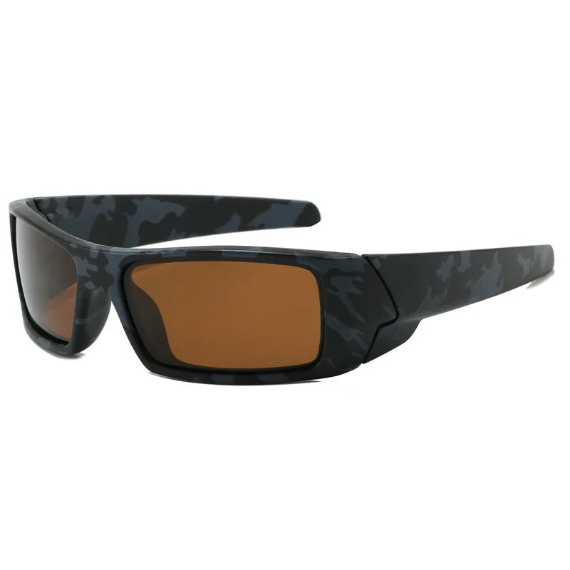 A pair of dark camouflage sunglasses with brown lenses and black frames.