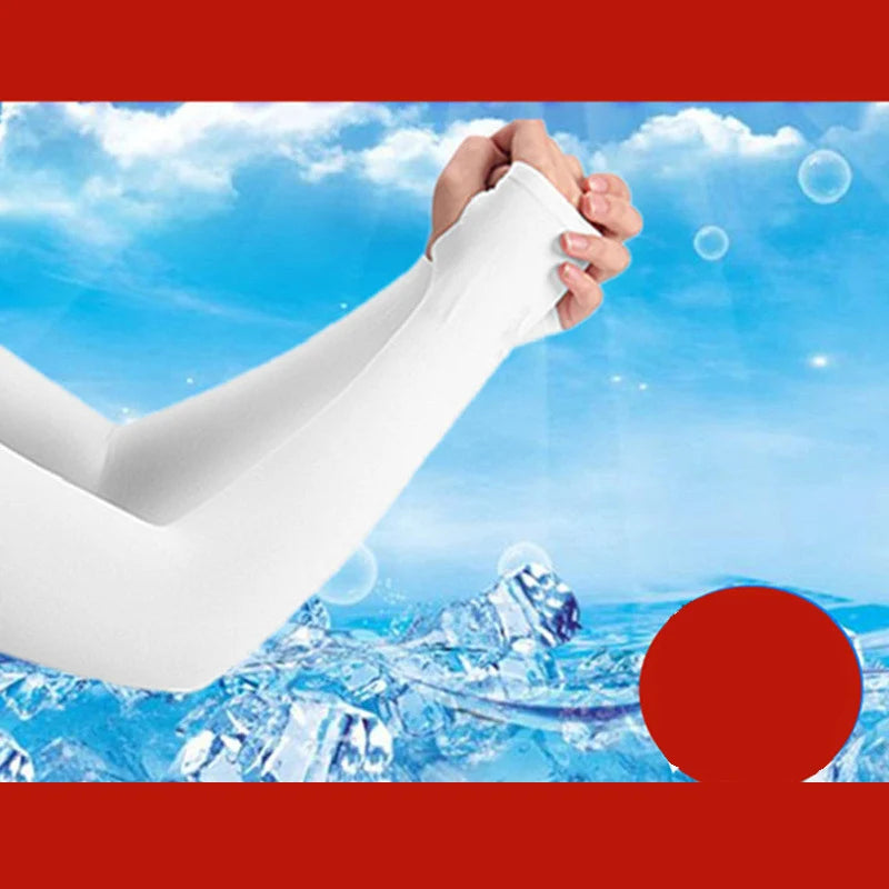 A hand wearing a white ice silk arm sleeve is shown against a bright blue sky with clouds and ice in the foreground.