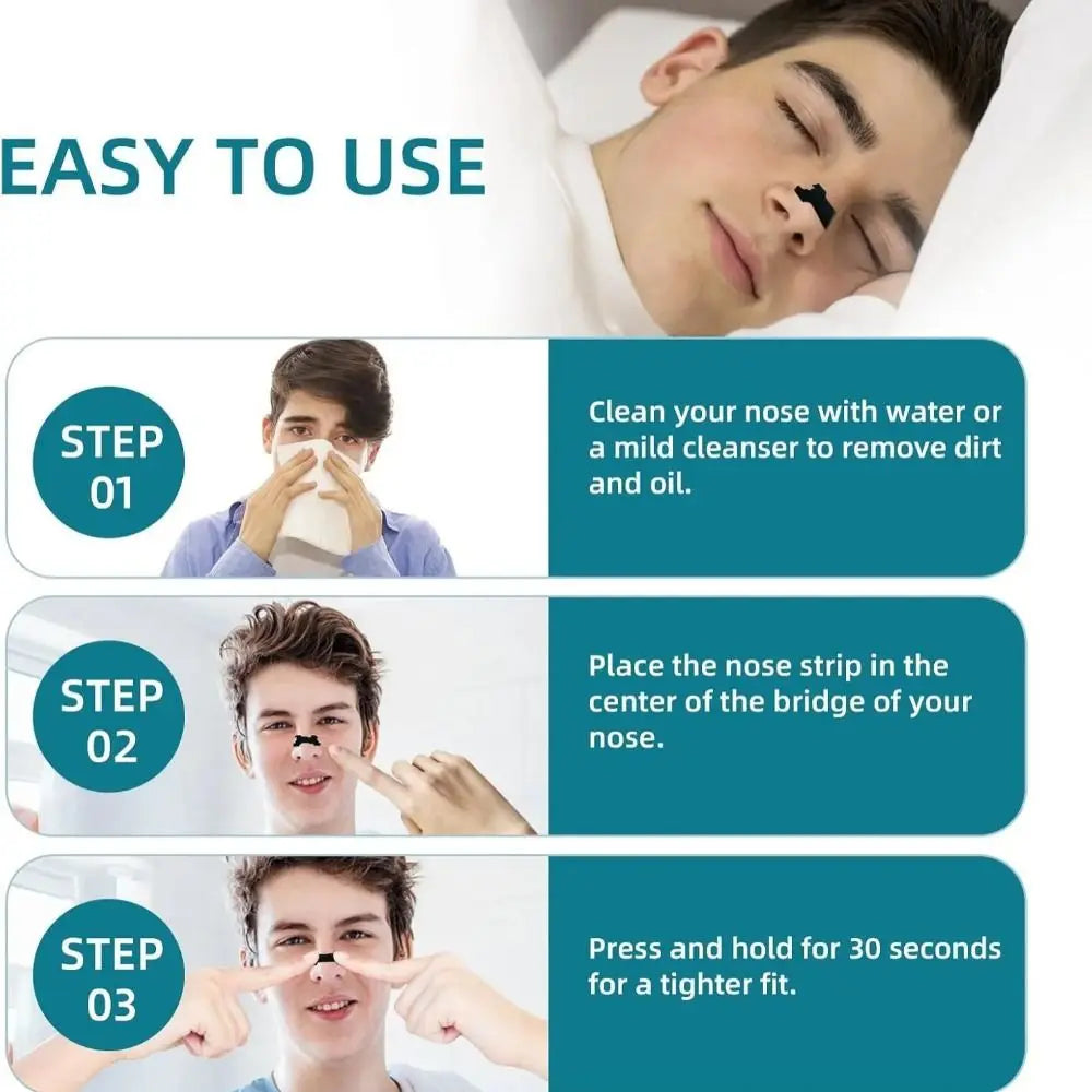 Instructions for using hypoallergenic nasal strips to relieve congestion, showing steps 1 through 3.