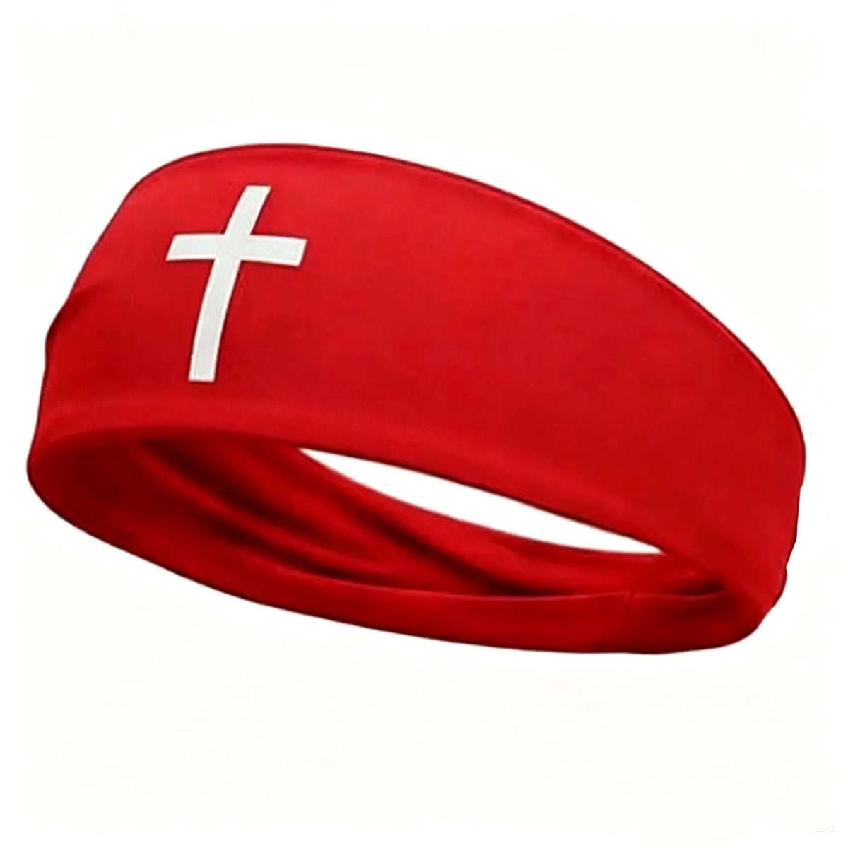 Red athletic sweat headband with a white cross design