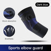Dark blue sports elbow guard sleeve designed for shock absorption and breathability