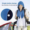 A woman wearing a blue instant cooling neck gaiter and backpack, demonstrating the single button design.