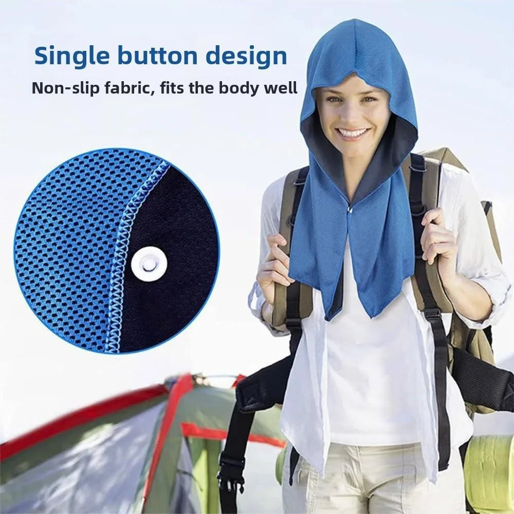 A woman wearing a blue instant cooling neck gaiter and backpack, demonstrating the single button design.