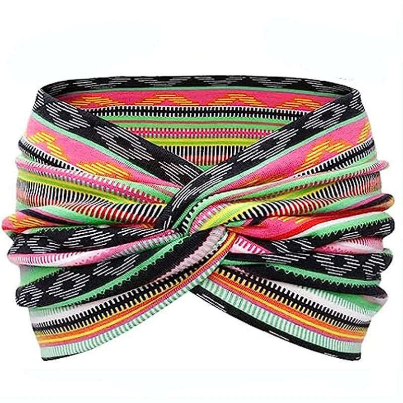 A colorful, striped fabric headband featuring a boho leopard print pattern.