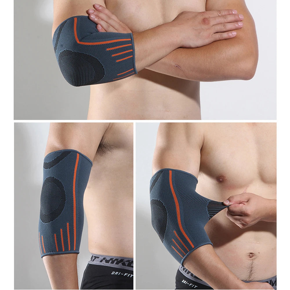 A close-up of a navy blue elbow support compression sleeve worn on an arm.