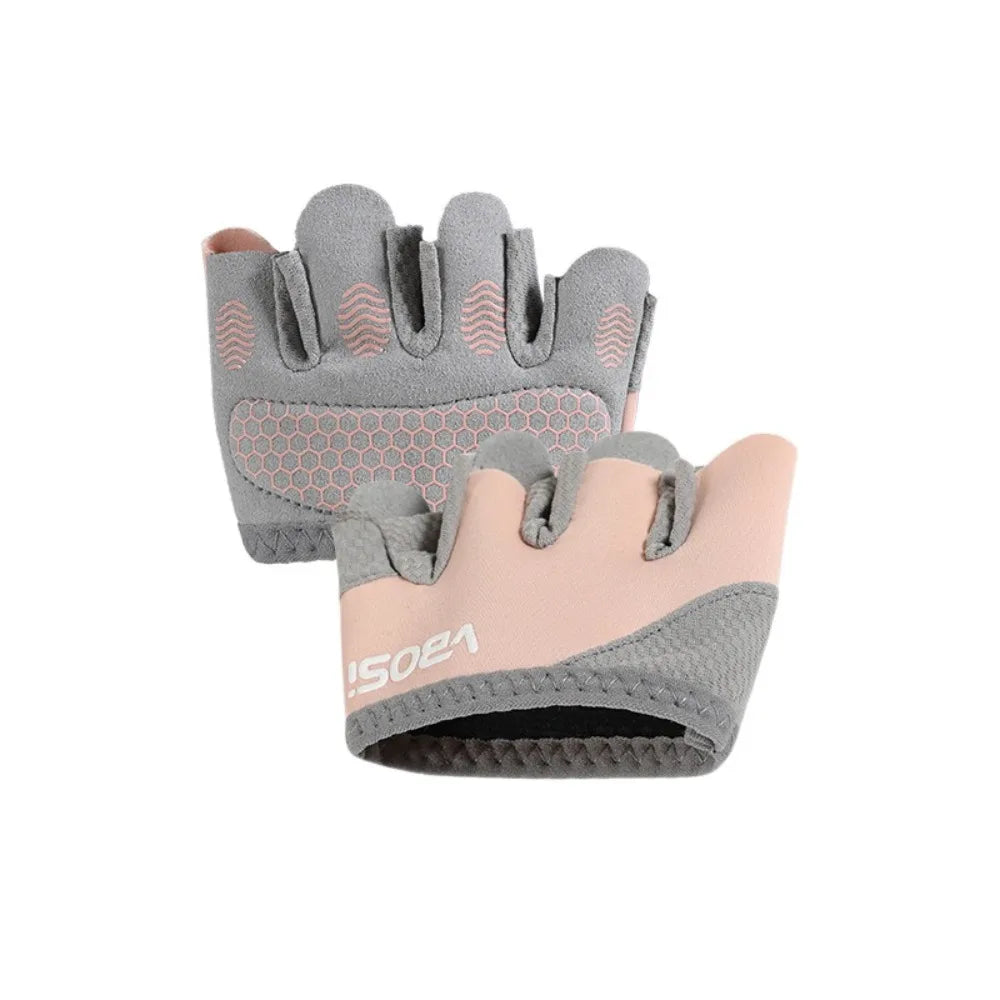 Gray ergonomic anti-slip gym lifting gloves with pink accents and a light peach cuff.