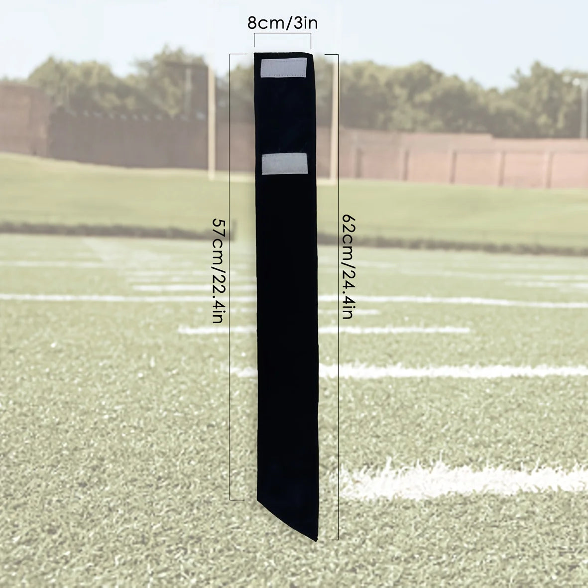 A black football and sports towel is shown vertically with measurements indicating its size.