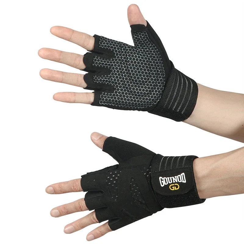 Black anti-slip weightlifting hand protection gloves worn on a hand.